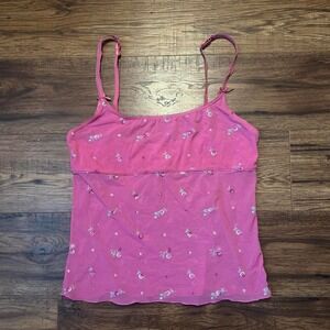 Y2K Pink Mesh Floral Cami Sheer Embroidered Bow Trim Cami Fairy Coquette Tank S